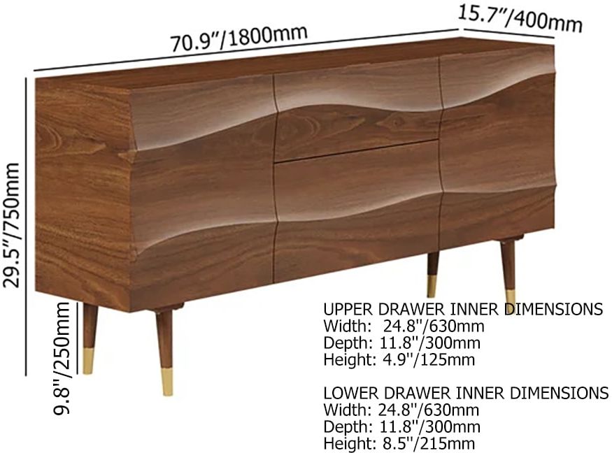 HMR - Lake 71" Walnut Sideboard Credenza with Storage Buffet Kitchen Cabinet Wavy Mid-Century