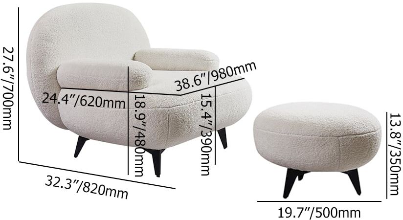 HMR - Modern White Cream Boucle Accent Chair with Pouf Ottoman Set Lounge Chair with Footstool