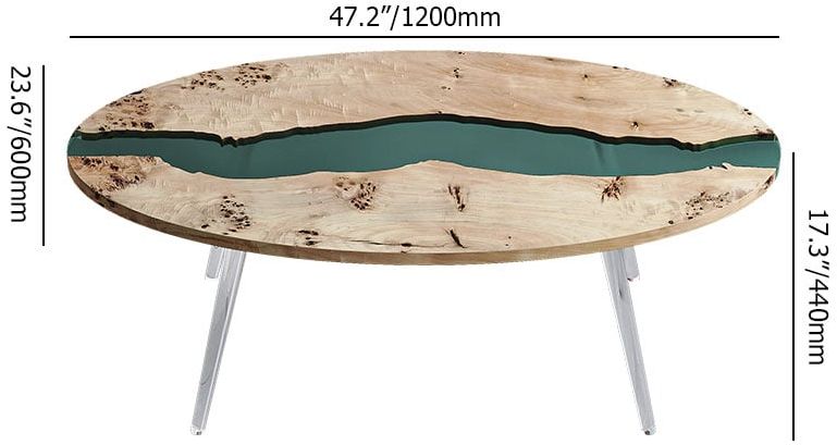 HMR - Modern Natural Oval Coffee Table with Solid Wood & Resin Tabletop & Acrylic Legs