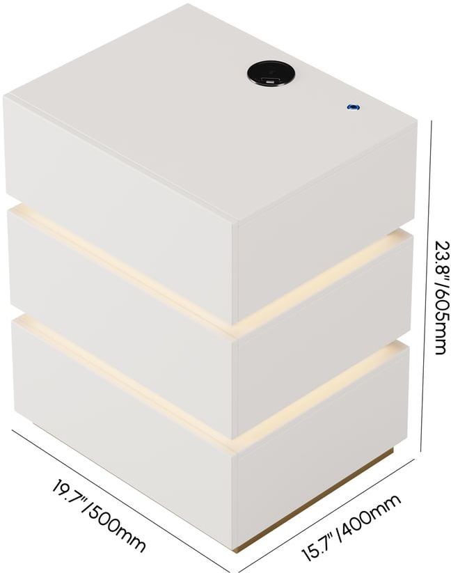 HMR Nightstand with Light & Charging Station - White, 3 Drawers, Set Of 2