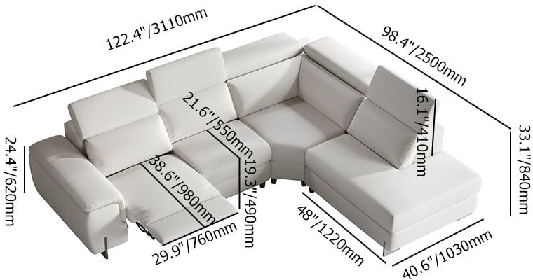 HMR - 122.4" White Faux Leather Power Reclining Sectional Sofa Adjustable Headrest L-Shaped