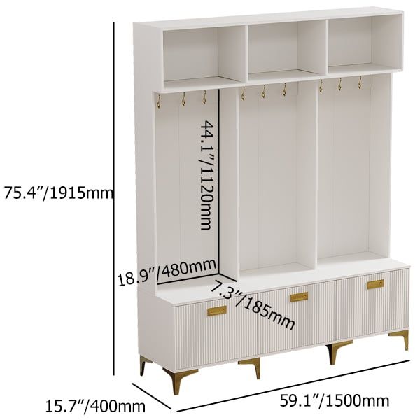 HMR - 59.1" Hall Tree with Bench White Shoe Storage with 9 Hooks & 3 Doors & Open Storage