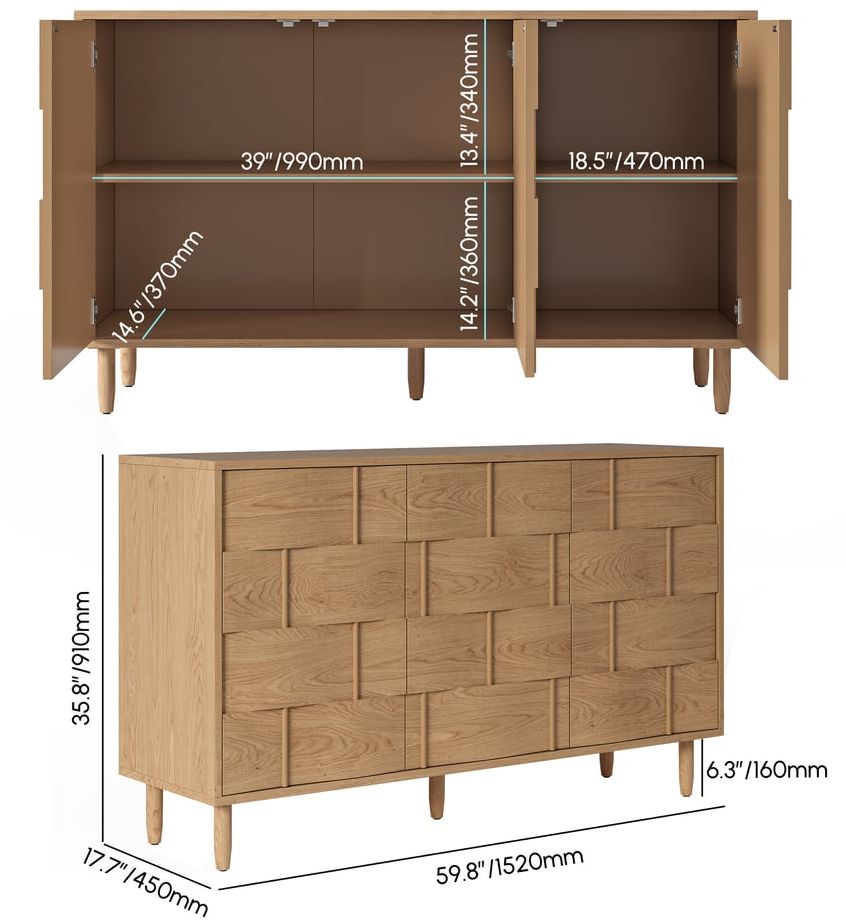 HMR - 60"W Sideboard Kitchen Buffet Table with 3 Doors & 2 Shelves