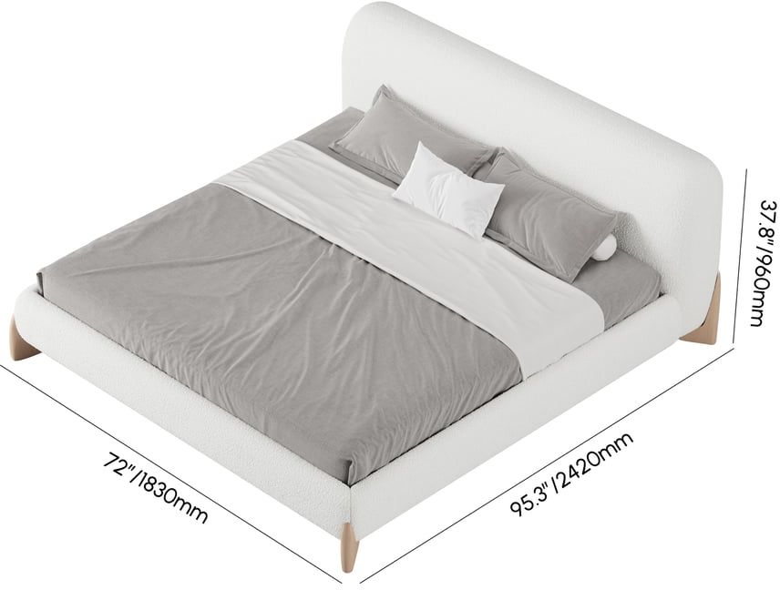 HMR Curva Boucle Queen Upholstered Platform Bed with Natural Legs - White, 60"Wx 80"L, Natural
