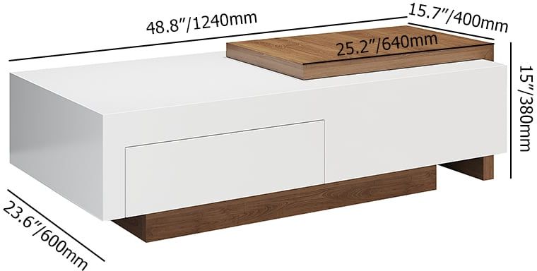 HMR - White & Walnut Extendable Rectangle Coffee Table with Drawer & Sliding Storage