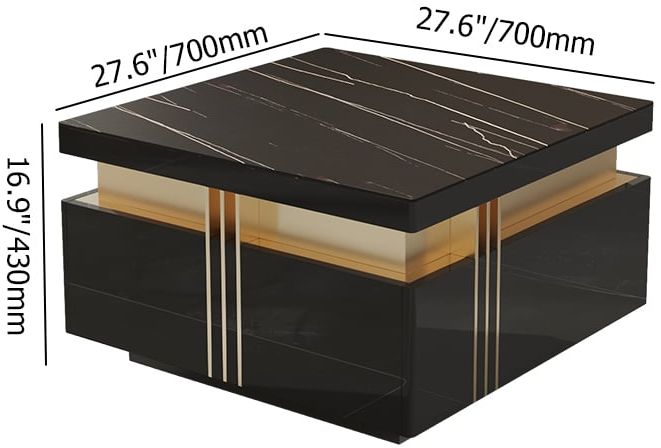 HMR Trimied Modern Square Storage Coffee Table Stone Top with 4 Wood Drawers - Black, 27.6"