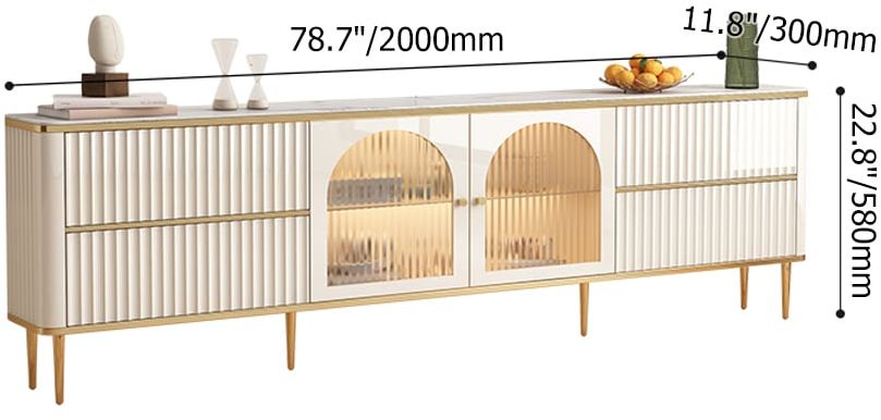 HMR - 80" White Glass Door Fluted Stone TV Stand Wood Media Cabinet for 85" TV with Drawers