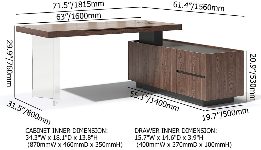 HMR 71.5" Modern L-Shape Standing Executive Desk with Side Cabinet and lifter Desktop - Walnut, Right Hand