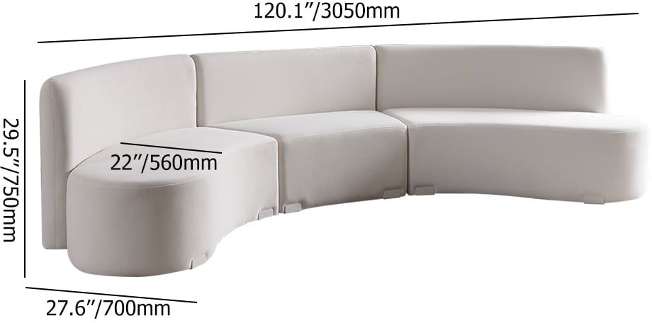 HMR - 120" Modern White Curved Sectional Floor Sofa Velvet Upholstery for Living Room