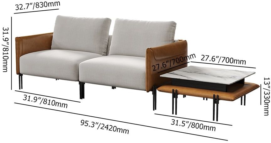 HMR - 95.3" Linen Modular Upholstered 2-Seater Sofa with Coffee Table Stainless Steel Frame