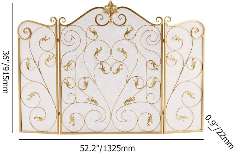 HMR - Retro Gold 3-Panel Foldable Scroll Fireplace Screen with Acanthus Leaf Metal