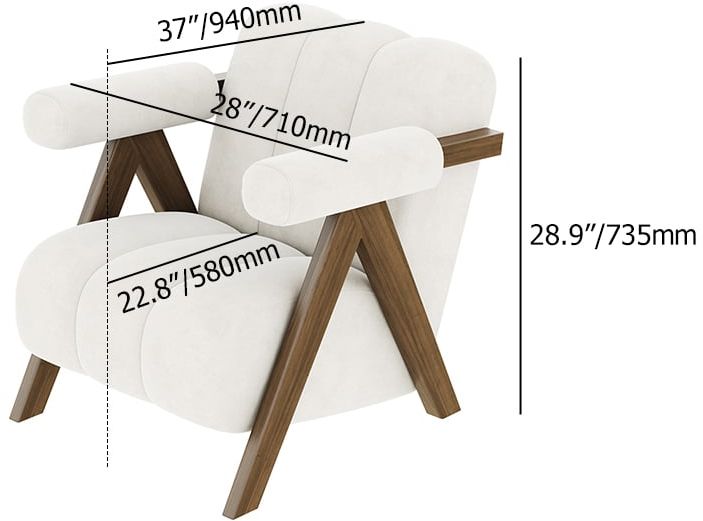 HMR - Japandi Beige Accent Chair Velvet Upholstery Armchair with Walnut Frame for Living Room