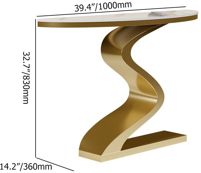 HMR Modern 39.4" Curved Console Table with Sintered Stone Top Half Moon Shape - White & Gold