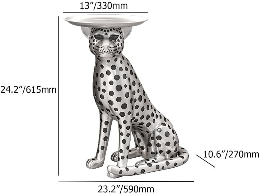HMR Panther Figurine Resin Art Deco Side Table with Tray Top - Silver