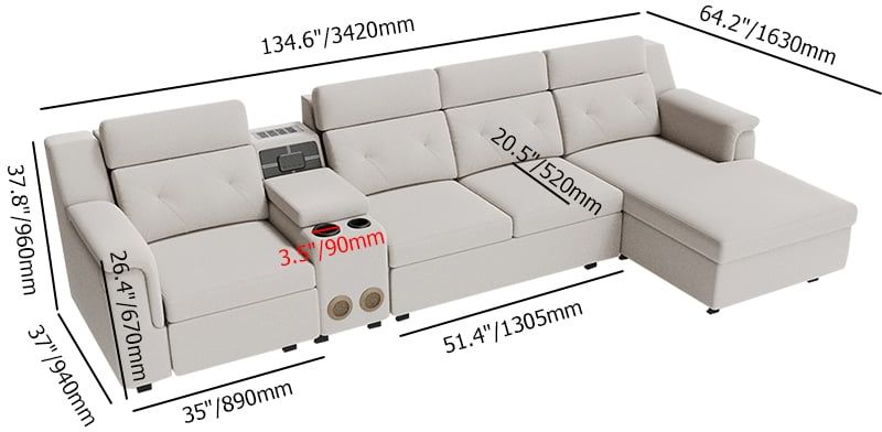 HMR - 134.6" White Power Reclining Sectional Sofa Pull Out Bed Cup Holder & Speaker & Storage