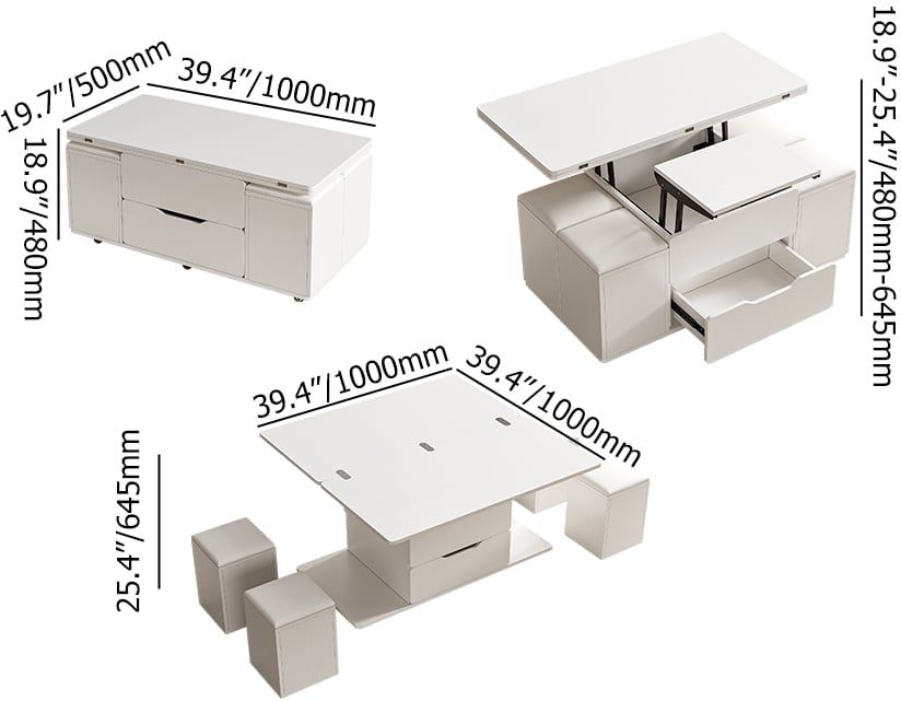 HMR 39" Lift-Top Foldable Coffee Table with 4 Stools & Storage - White
