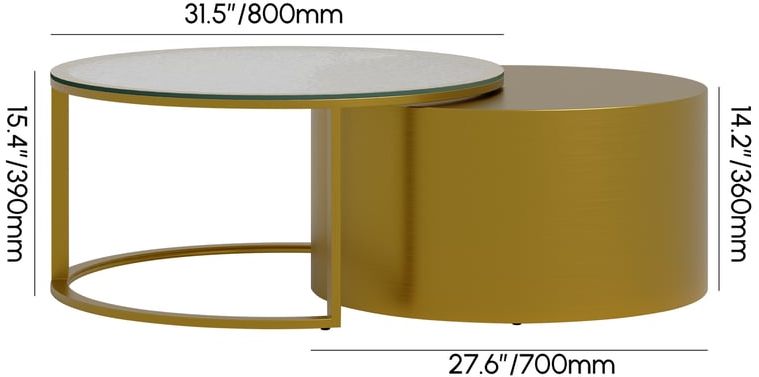 HMR - 31.5" Gold Round Glass Top Nesting Coffee Table Set