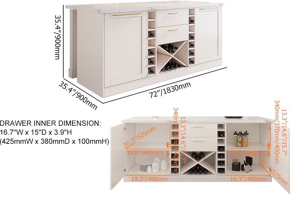 HMR 72'' Modern Kitchen lsland with Wine Storage - White, Sintered Stone