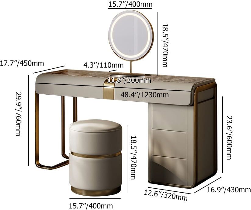 HMR - Modern Gray Makeup Vanity Set with Side Cabinet Dressing Table with Mirror & Stool