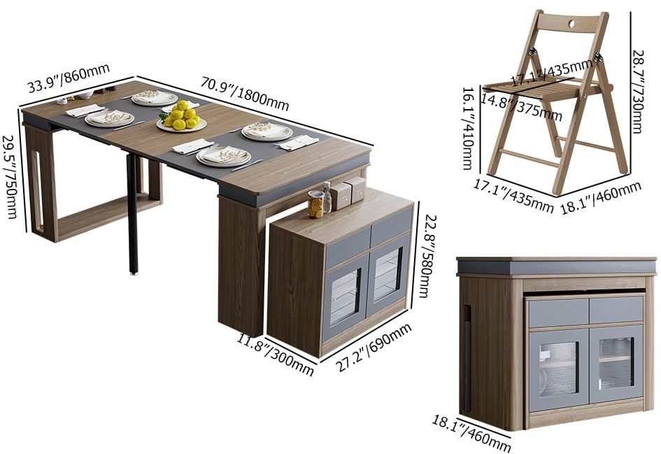 HMR Dining Set 70.9" Farmhouse Rectangle Folding Storage Dining Table With 4 Chairs - Walnut/Gray