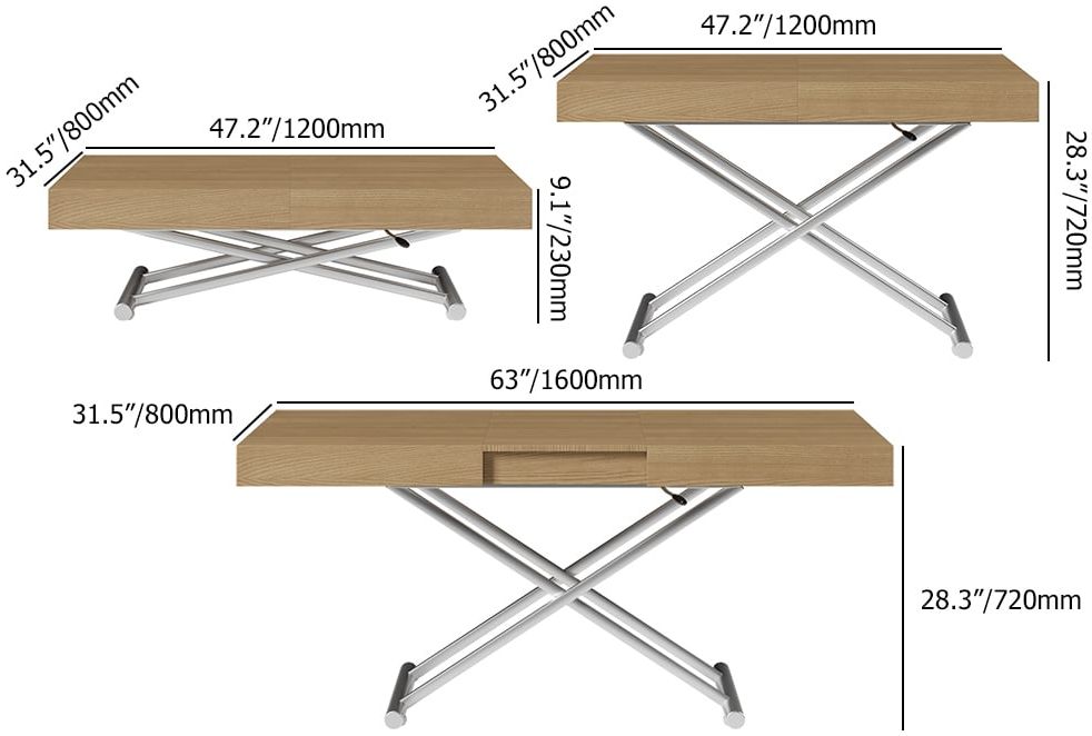 HMR - Modern Natural Wood Extendable Coffee Table & Dining Table Rectangle Height Adjustable
