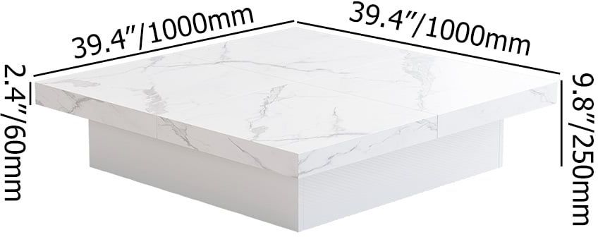 HMR - Square Marble Veneer Coffee Table Sliding Top with Storage in White