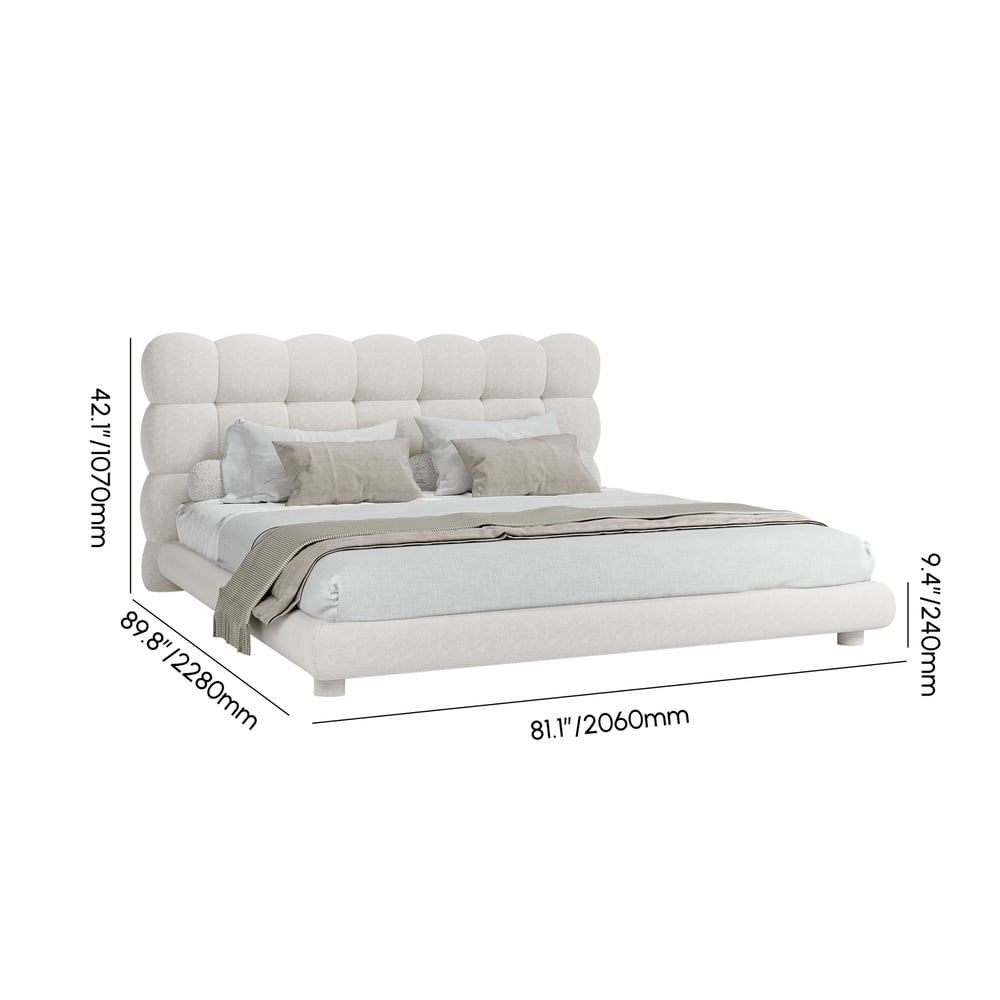 HMR White Boucle Upholstered Platform Bubble Bed Frame - White, King