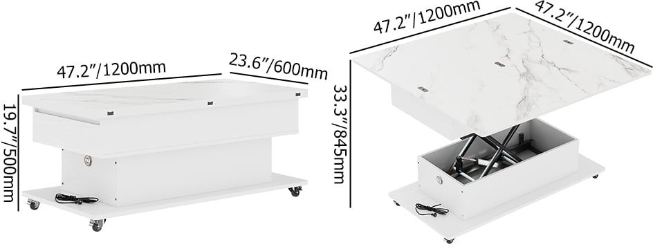 HMR - Modern White Power Lift Height Multifunctional Coffee Table Extendable 2 Drawers USB