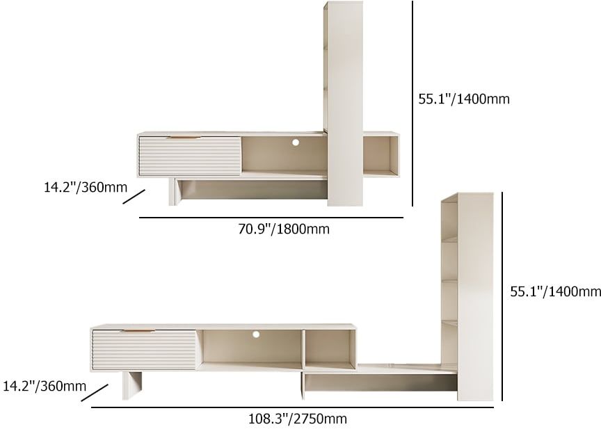 HMR - Modern White Retracted & Extendable TV Stand Wood Entertainment Center with Bookshelves