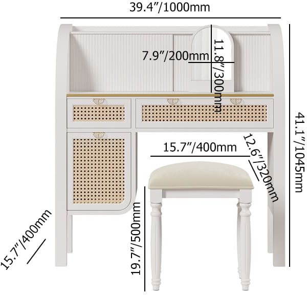 HMR - Farmhouse White Makeup Vanity Set Rattan Dressing Table with Stool & Mirror