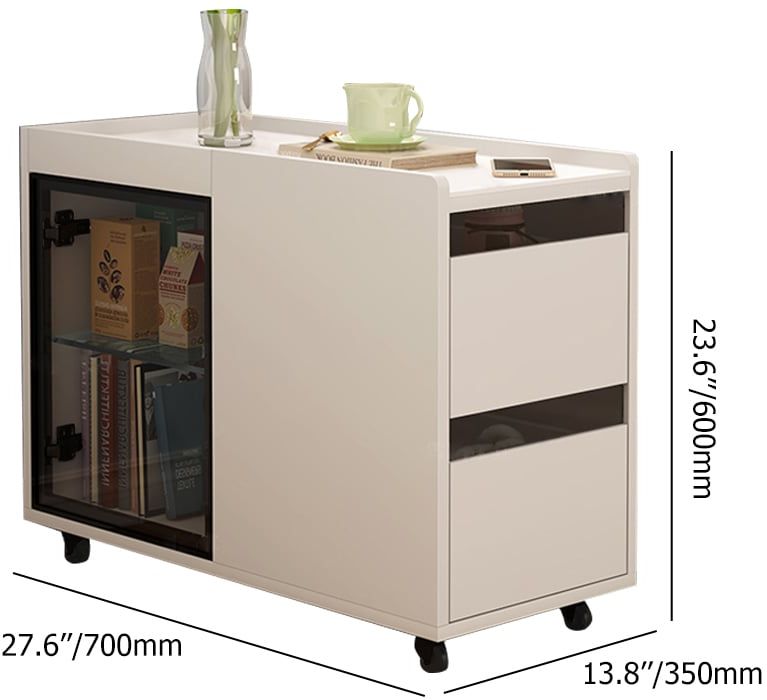 HMR - Narrow Side Table Skinny Thin End Table with Wheels 2 Drawer Glass Door Storage