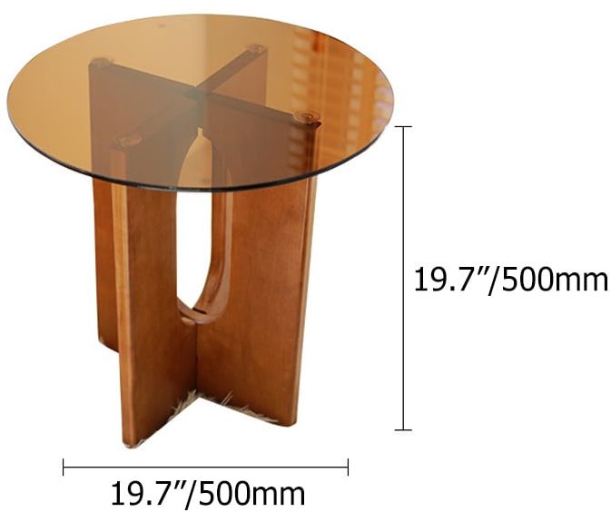 HMR - Tea Tempered Glass End Table Solid Wood Side Table