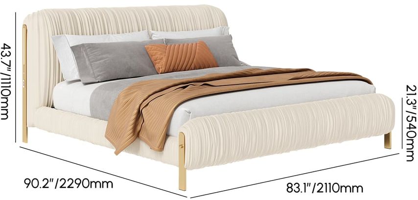 HMR - King Size Velvet Ruched Upholstered Bed Frame with Light & Charging Station