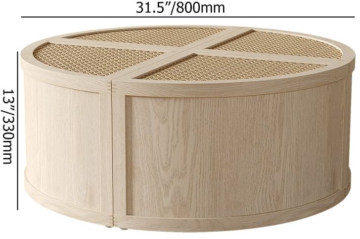HMR - Round to Square Block Modular Coffee Table White Oak Rattan with Storage 4 Piece