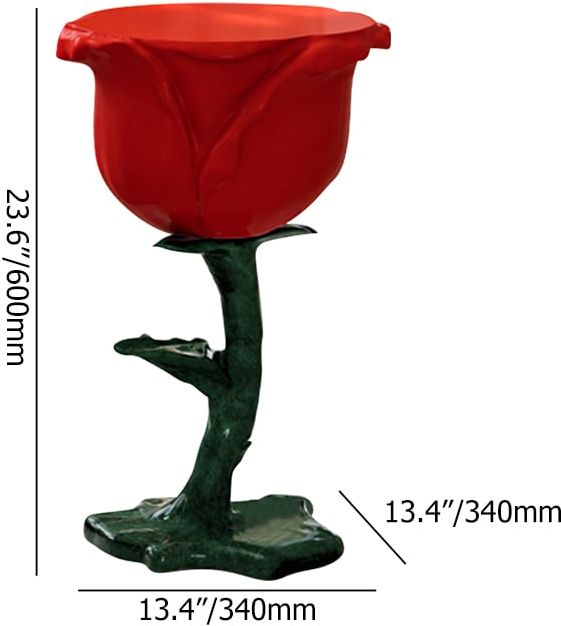 HMR - Modern Small End Table Red Resin Rose Sculpture Cute Pedestal Side Table with Tray