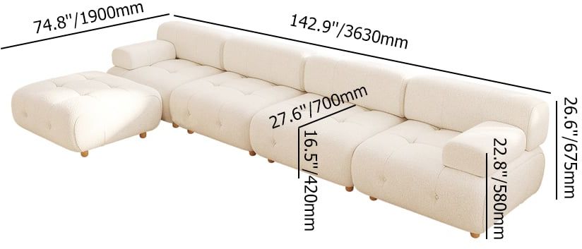 HMR - Modern L-Shaped Modular White Boucle Corner Sectional Sofa Loveseat with Wood Legs