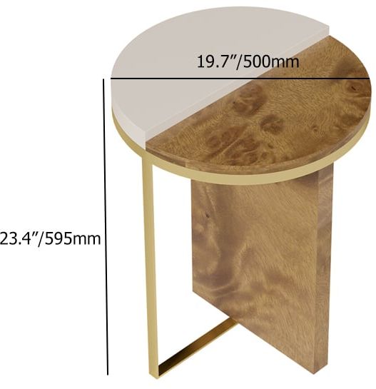 HMR - White Round Side Table with Burl Wood Gold Stainless Steel End Table