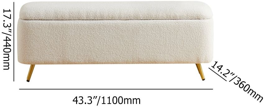 HMR - Modern Bedroom Boucle White Bench Upholstered Ottoman with Storage & Gold Legs