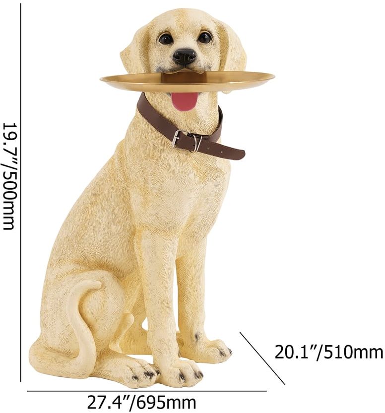 HMR - Modern Beige Resin Dog Sculpture Cute End Side Table with Stainless Steel Storage Tray