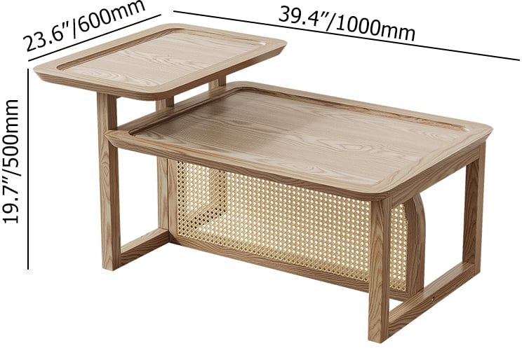 HMR - Modern 2 Piece Nesting Rattan Wood Coffee Table Set in Natural