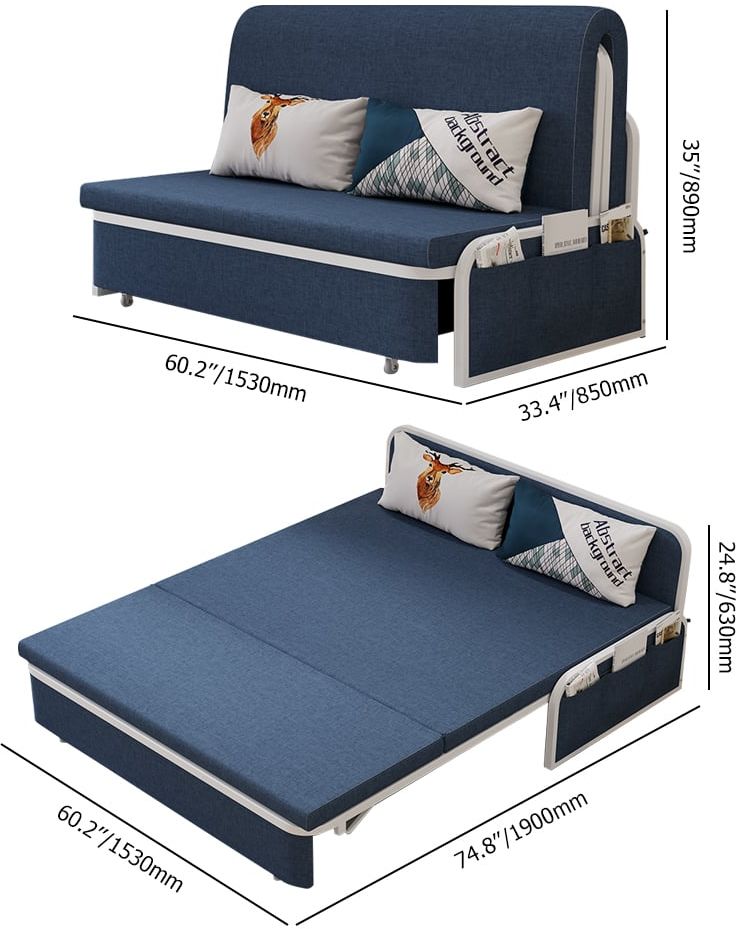 HMR Modern 2-Seater Linen Sleeper Sofa with Trundle - Blue, Queen Size