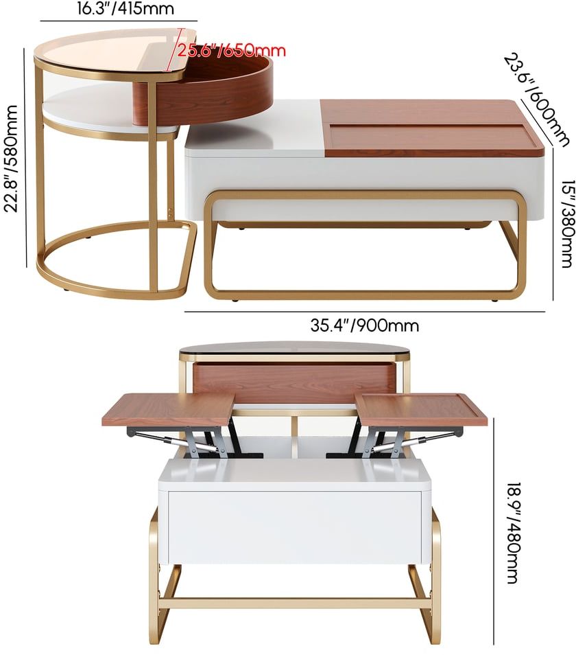 HMR - Rectangular Glass Lift Top Nesting Coffee Table Set