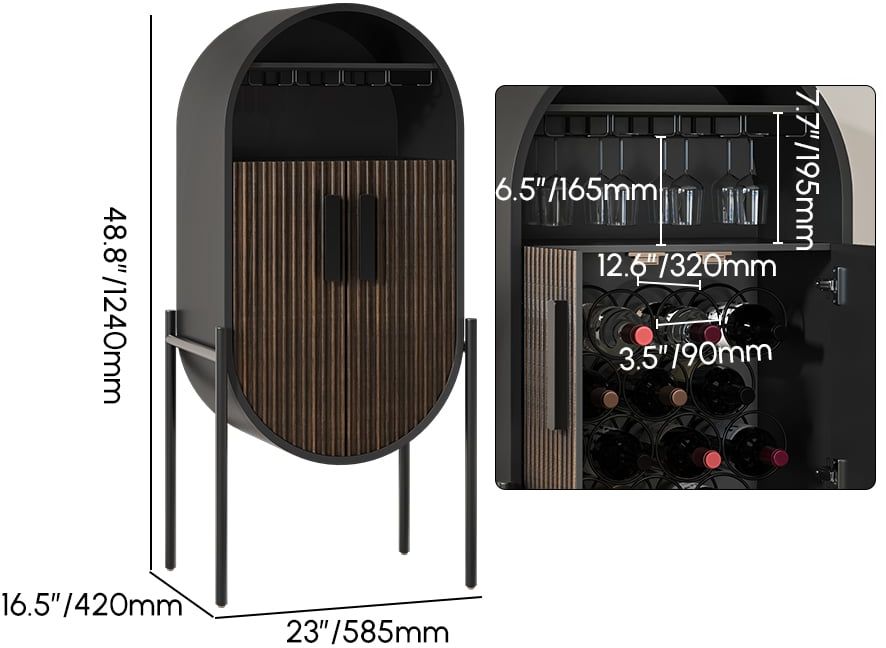 HMR - Industrial Black Oval Bar Cabinet with Glass & Wine Rack Home Bar Cabinet