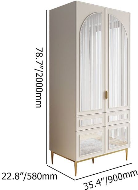 HMR - Modern Farmhouse White Armoire Clothes Cabinet with Arched Mirror 2 Drawers & 4 Doors