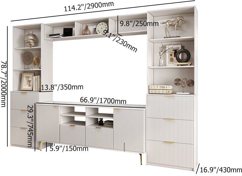 HMR - 114.2" Fluted Wood Storage 4-Piece Entertainment Center with Bookshelf White TV Stand