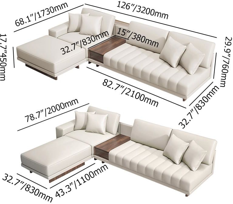 HMR 126" L-Shaped Modular Sectional with Chaise & Ottoman - Ivory, Leather