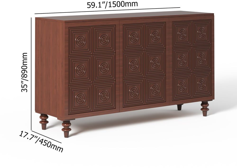 HMR - 63'' Brown Wood Carved Modern Sideboard Cabinet