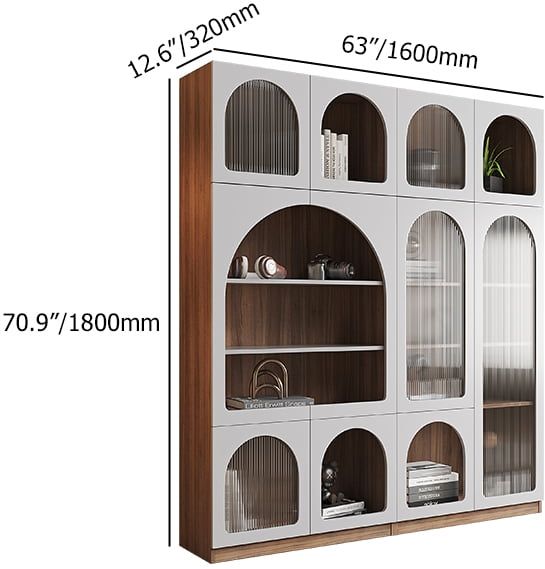 HMR - 70.9" x 31.5" Arch Bookcase with Doors Set of 2 Display Cabinet 5-Shelf Walnut & Gray