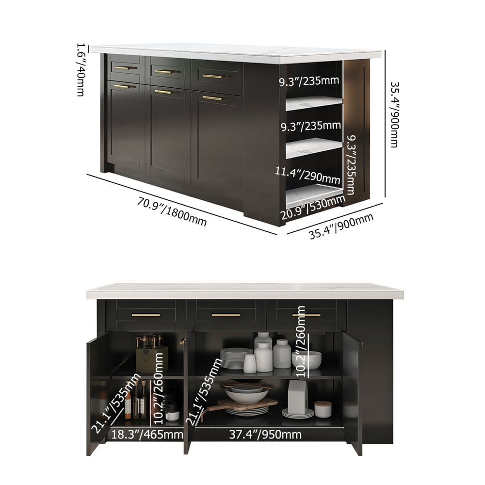 HMR 72" Modern Style Laminate Kitchen Islands with Multi-Storage - White & Black, Sintered Stone