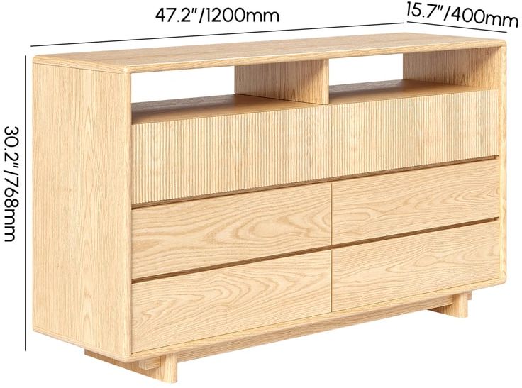 HMR - 47" Modern 6-Drawer Wood Dresser with Shelves
